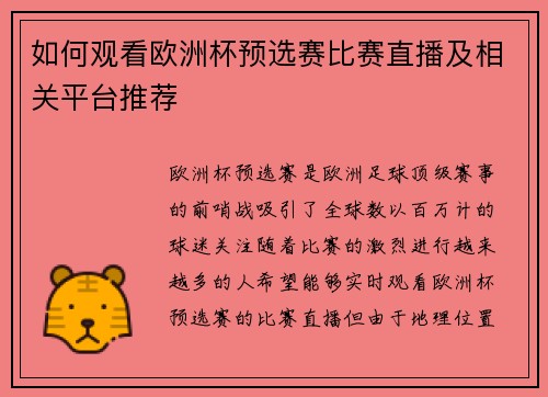 如何观看欧洲杯预选赛比赛直播及相关平台推荐