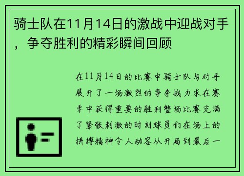 骑士队在11月14日的激战中迎战对手，争夺胜利的精彩瞬间回顾